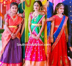 Kids Designer Half Sarees. Langa Voni models for kids, kids lehenga models Langa Voni Half Saree For Kids, Kids Half Saree Designs, Saree Style Dress, Lehenga Models, Langa Voni Half Saree, Designer Half Sarees, Bhargavi Kunam, Quotes Daughter