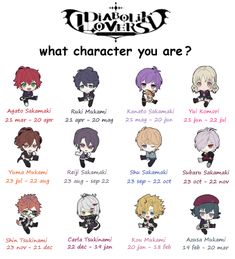 an anime character chart with different characters and their name in the bottom right hand corner