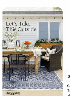 an advertisement for ruggable featuring patio furniture and outdoor dining table with chairs around it