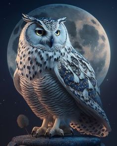 an owl sitting on top of a post in front of a full moon