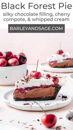 a slice of black forest pie on a plate with cherries and whipped cream in the background