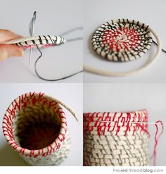 three pictures showing how to make a basket with yarn