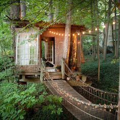 a tree house in the woods with lights strung from it's roof and stairs