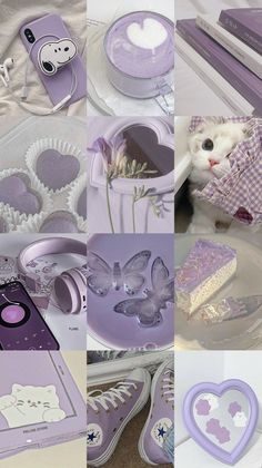 purple and white items are arranged in the shape of heart shaped objects, with hearts on them