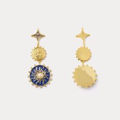 Illuminate your style with the Blue Celestial Disc Earrings from our Astrology Jewelry collection. These stunning moon and star earrings are made from 18K gold-plated brass, featuring intricate blue discs adorned with a captivating mix of dripping oil, shell, and shimmering cubic zirconia. Each earring is further enhanced by the lustrous sheen of artificial pearls and silver accents, creating a celestial effect that dazzles with every movement. Perfect for adding a touch of cosmic elegance to an Fruit Necklace, Astrology Jewelry, Everyday Wear Jewelry, Astrology Necklace, Moon And Star Ring, Moon And Star Earrings, Fruit Jewelry, Nature Earrings, Nature Necklace