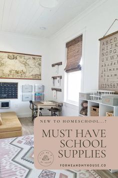 a school room with lots of desks, chairs and rugs on the floor