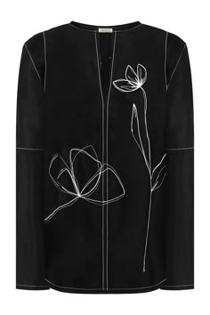 The Nina Ricci Floral Line Blouse in black is crafted from a luxurious light-weight viscose satin fabric. The blouse features an open v-neckline, long sleeves with a panel detailing, a centre front seam, contrast white statement top stitching and floral design stitched detailing. Fabrication: 100% Viscose Made in Italy 2023 Sewing Trends, Mode Abaya, Abaya Designs, Abayas Fashion, Fashion Design Clothes, Halloween Dress, Western Shirts