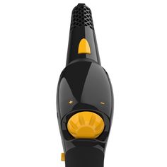 a black and yellow hair dryer on a white background