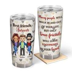 two personalized stainless steel tumblers with the words best friends forever and hearts on them