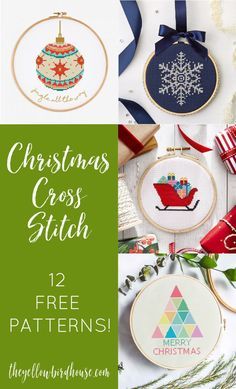 christmas cross stitch ornaments with text overlay that reads, 12 free patterns for christmas cross stitch