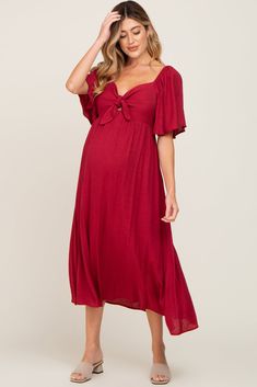 Burgundy Front Tie Ruffle Sleeve Maternity Midi Dress– PinkBlush Casual Maternity Dress, Cute Maternity Dresses, Maternity Midi Dress, Trendy Maternity, Pink Blush Maternity, Lined Skirt, Sleeve Midi Dress, Midi Dress With Sleeves, Midi Maxi Dress