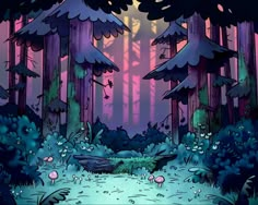 an image of a forest scene with mushrooms and trees in the background at night time