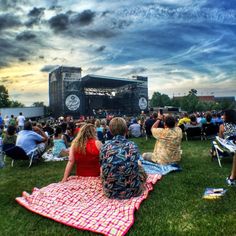 people are sitting on the grass and watching an outdoor music concert in the evening time