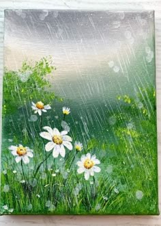 a painting of daisies in the rain with green grass and water droplets on it