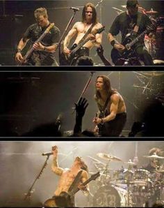 four different pictures of the band in their concert outfits, one with long hair and no shirt on