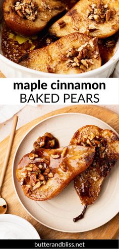 maple cinnamon baked pears on a white plate with text overlay that reads maple cinnamon baked pears