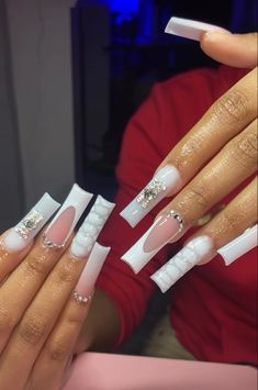 Medium Length White Nails, Nail Inspo Bling, White Nail Inspo, Hard Nails, Girly Acrylic Nails, French Tip Acrylic Nails