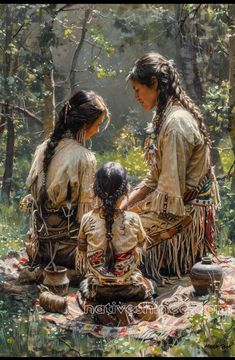 three native american women sitting on a blanket in the woods