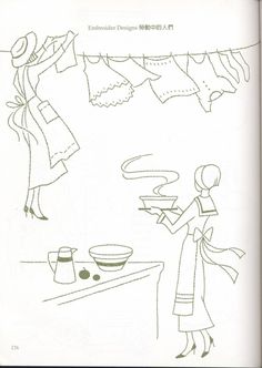 a drawing of a woman washing clothes on a line above a table with bowls and cups