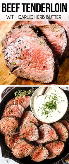 beef tenderloin with garlic herb butter in a cast iron skillet