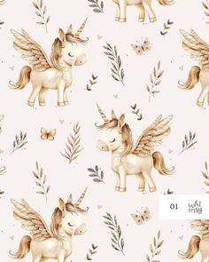 a unicorn with wings and flowers on a pink background is featured in this seamless pattern