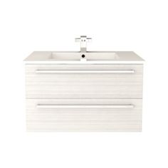 a white sink with two drawers and a faucet