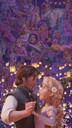 the princess and prince are dancing together in front of many lit up lanterns at night