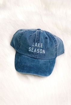 Charlie Southern Lake Season Hat, blue denim hat with adjustable strap and blue embroidered lake season on the front Summer Outdoor Washed Hat, Washed Summer Outdoor Hats, Trendy Adjustable Soft-washed Hat, Outdoor Denim Blue Hat, Denim Blue Spring Outdoor Hat, Spring Outdoor Denim Hat, Casual Washed Blue Summer Hat, Denim Blue Summer Hat, Casual Denim Blue Beach Hat