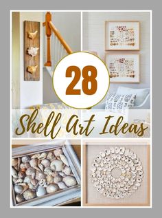 some pictures with shells in them and the words, 28 shell art ideas