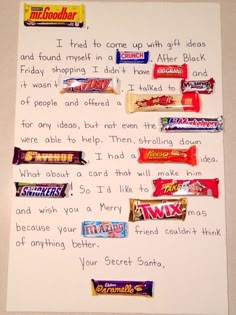 a handwritten letter to someone about their favorite candy bar and what they do with it