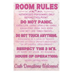 a pink poster with the words room rules