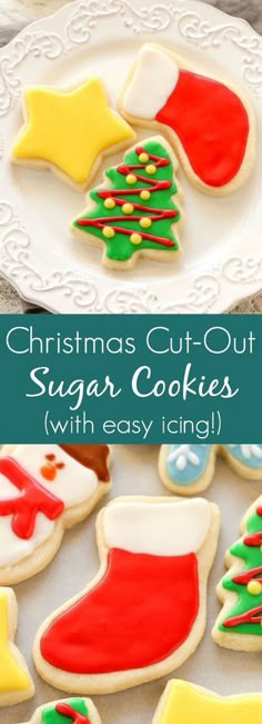 christmas cut - out sugar cookies with easy icing are on a white plate and next to another cookie