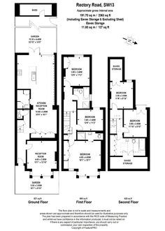 the floor plan for an apartment with three floors and two balconies on each side