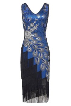 This elegant dress is classic vintage look for a modern woman. The eye-catching design features art deco print and unique vintage style which bring you back to the roaring twenties. Features: V neck design in both front and back Sleeveless design Beautiful sequined peacock pattern Blinking beads and sequins 100% Polyester fabric Note: This dress comes with an unique size chart. Be sure to select your ideal fit from the chart before making your purchase. Art Deco Style Cocktail Dress, Fitted Blue Flapper Dress, Fitted Blue Flapper Dress For Summer, Summer Cocktail Dresses In Art Deco Style, Art Deco Summer Party Dress, Summer Art Deco Party Dress, Blue Fitted Sleeveless Flapper Dress, Blue Fringe Dresses For Night Out, Blue Fringe Dress For Night Out