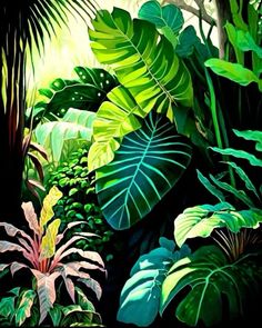 a painting of tropical plants and trees