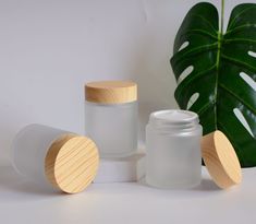 three white jars with wooden lids sit next to a green plant on a white surface