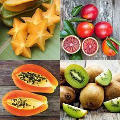 there are many different types of fruit on the table and one is cut in half