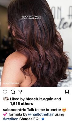 Fall Hair Color Formulas For Brunettes, Red Brown Color Formulas, Fall Hair Colors With Formula, Rose Brown Formula Redken, Redken Shades Eq Formulas Red Brown, Red Brown Redken Formulas, Red Brown Shades Eq Formula, Chocolate Cherry Hair Color Formula