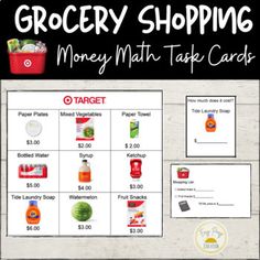 grocery shopping money math task cards for kids to practice counting and sorting with the same amount