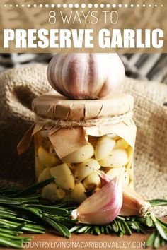 garlic in a jar with the words 8 ways to preserve garlic on top of it