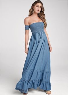 Fashion, Dresses- Become a boho beauty in this smocked-top maxi dress with matching off-the-shoulder smocked sleeves. The tiered ruffle hem floats as you move, while an elastic empire waist gives shape to this peasant-inspired sundress. Pull on booties and a wide-brimmed hat to complement the free-spirited look. ·  Sizes: XS (2), S (4-6), M (8-10), L (12-14), XL (16) ·  Plus sizes: 1X (18-20), 2X (22-24), 3X (26-28) ·  Smocking at bust and sleeves ·  Ruffle detail at tiered hem ·  Maxi 58" ·  Fa Romantic Maxi Dress, Boho Chandelier, Boho Beauty, Long Beach Dress, Venus Dresses, Smocked Top, Maxi Styles, Peasant Style, Backless Maxi Dresses