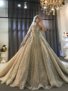 a woman in a wedding dress standing next to a chandelier and wearing a veil