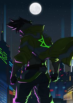 an animated man in the middle of a city at night with neon lights on his body