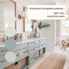 a bathroom with white walls, blue cabinets and beige flooring is featured in an article titled the beach bugglow palette light airy, colorful calm