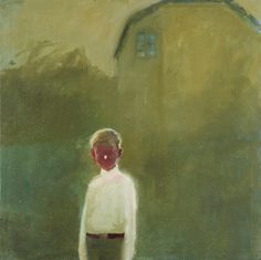 a painting of a person standing in front of a house