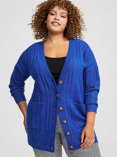 FIT Model is 5'9” wearing size 1. . Measures 34” from shoulder (size 2). MATERIALS + CARE Vegan Cashmere fabric: A luxe, cashmere-like brushed fabric with a soft, cozy feel that’s never heavy. So easy to dress up or down. . Stretch level: Medium. . 35% acrylic, 25% polyester, 22% recycled polyester, 15% nylon, 3% spandex. . Machine wash cold. Line dry. . Imported. . DETAILS V-neck. Button front. Long sleeves. . Front pockets. The best plus size women's boyfriend cardigan softest sweater cardigan Ivory Cardigan, Cardigan For Women, New Street Style, Boyfriend Cardigan, Cashmere Fabric, 2024 Christmas, Pocket Cardigan, Womens Cashmere, Blue Cardigan