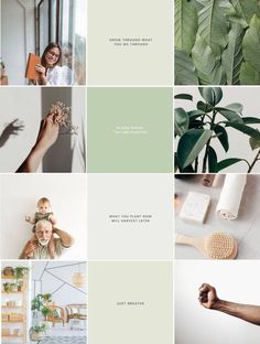 a collage of green and white images