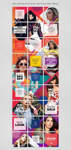 an advertisement for a hair salon with multiple colors and shapes on it, including the words color