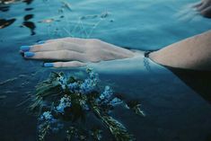 a woman's hand reaching out from the water with blue flowers in front of her