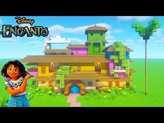 an animated image of a woman standing in front of a house with the words encanto on it